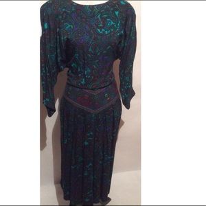 Green & Purple Print Vintage Dress Size 12